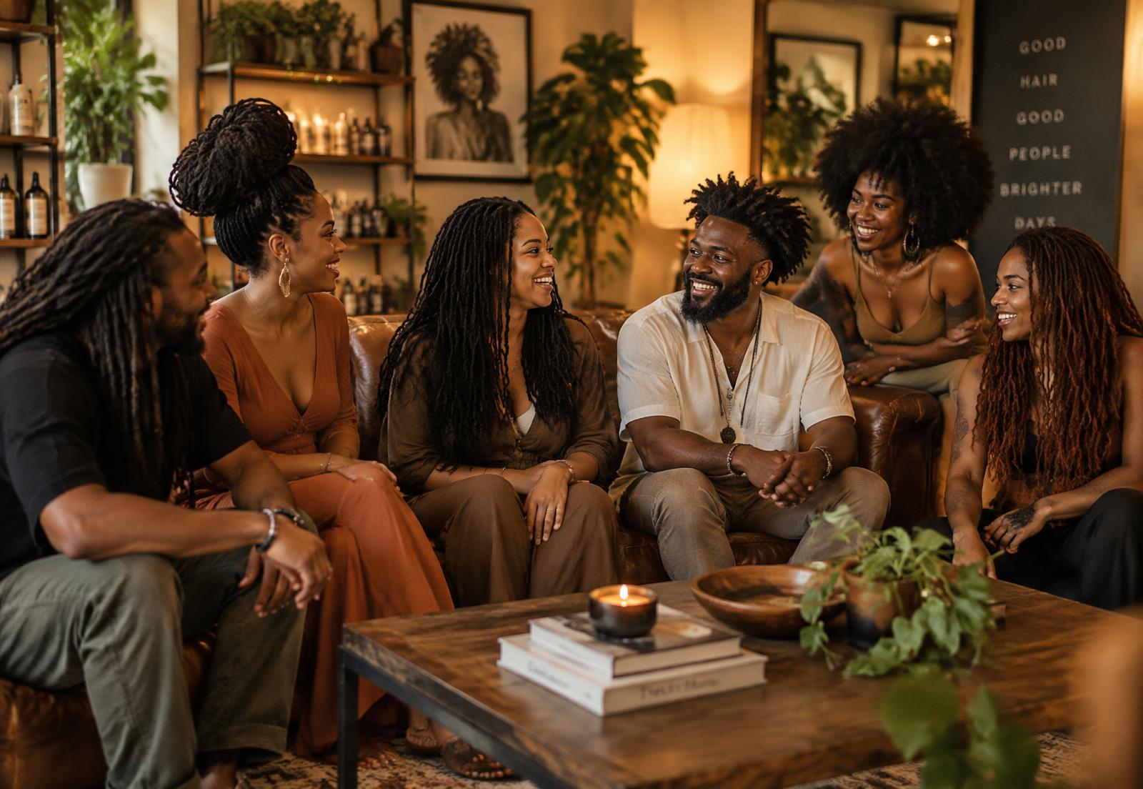 A group of Black men and women with locs and natural hair laughing together in a warm lounge